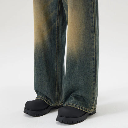 Vintage Distressed Men's Baggy Straight Jeans Spring Autumn Korean High Street Moustache Effect Denim Pants Streetwear Trousers