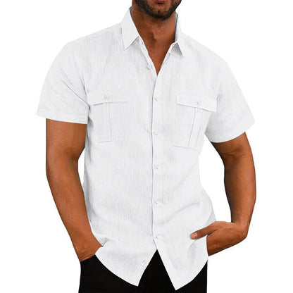 Men's Cotton Linen Short-Sleeved Shirt Summer Solid Color Stand-Up Collar Casual Beach Style plus Size S-5XL