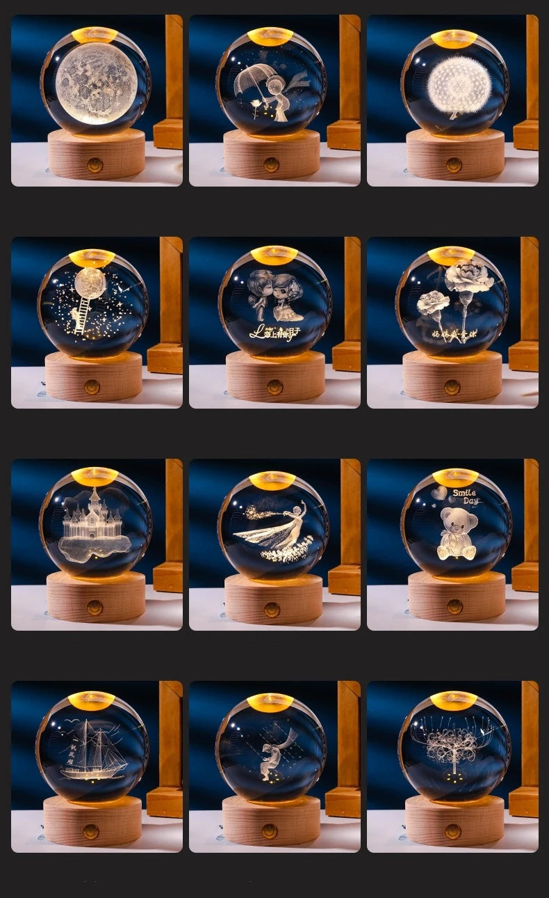 Small 3D Solar System Crystal Ball With LED Base, Night Light For Home Decoration, Gift For Astronomy Lovers