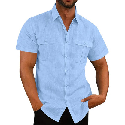 Men's Cotton Linen Short-Sleeved Shirt Summer Solid Color Stand-Up Collar Casual Beach Style plus Size S-5XL