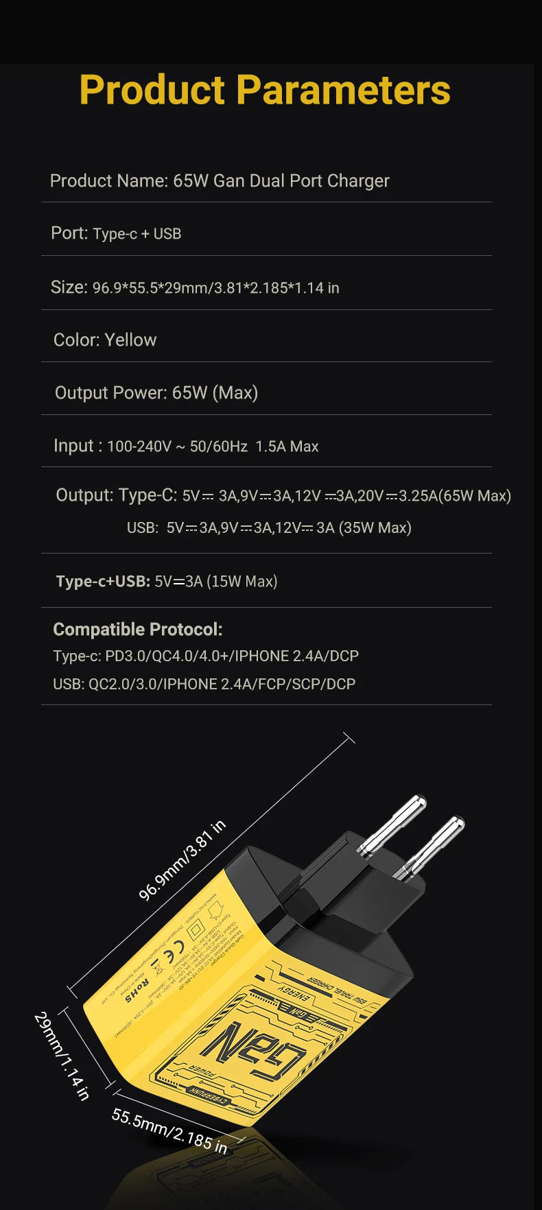 EU/US Plug PD65W GaN Fast Charger with Type-C and USB-A Interface Universal Dual Port Wall Charger Plug for Phones/Pads/Laptops