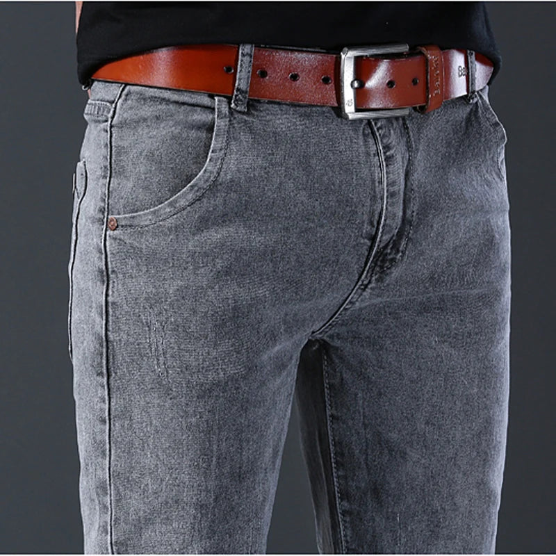 New style jeans, men's slim fit, Korean style comfortable straight leg elastic gray mid waist pants, men's casual denim pants