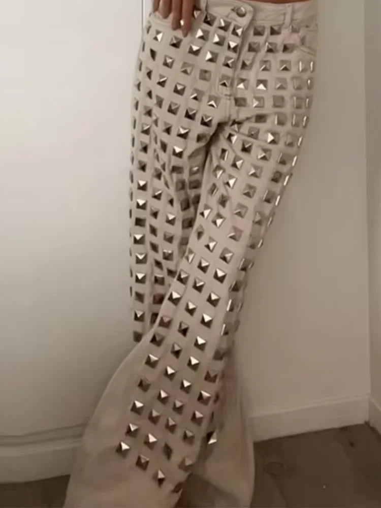 Casual Bead Jean Women Loose High Waisted Pockets Zipper All-match Straight Leg Trouser Female 2025 Y2k High Street Lady Outwear