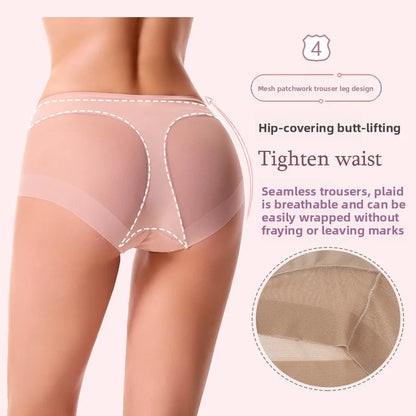 Sexy Mid Rise Womens Underwear Transparent Mesh Panties Waist Cincher Comfortable Ice Silk Large Size