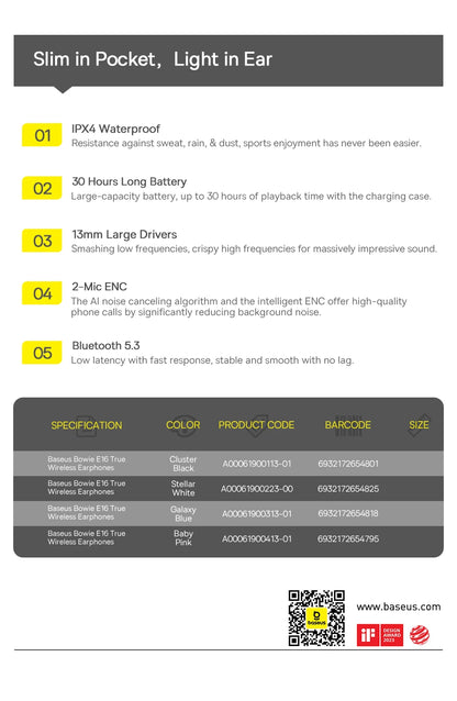 Baseus Bowie E16 Wireless Earphones Bluetooth 5.3 TWS Earbuds IPX4 Waterproof Earphone 30H Playtime 13mm Driver HIFI Headphones