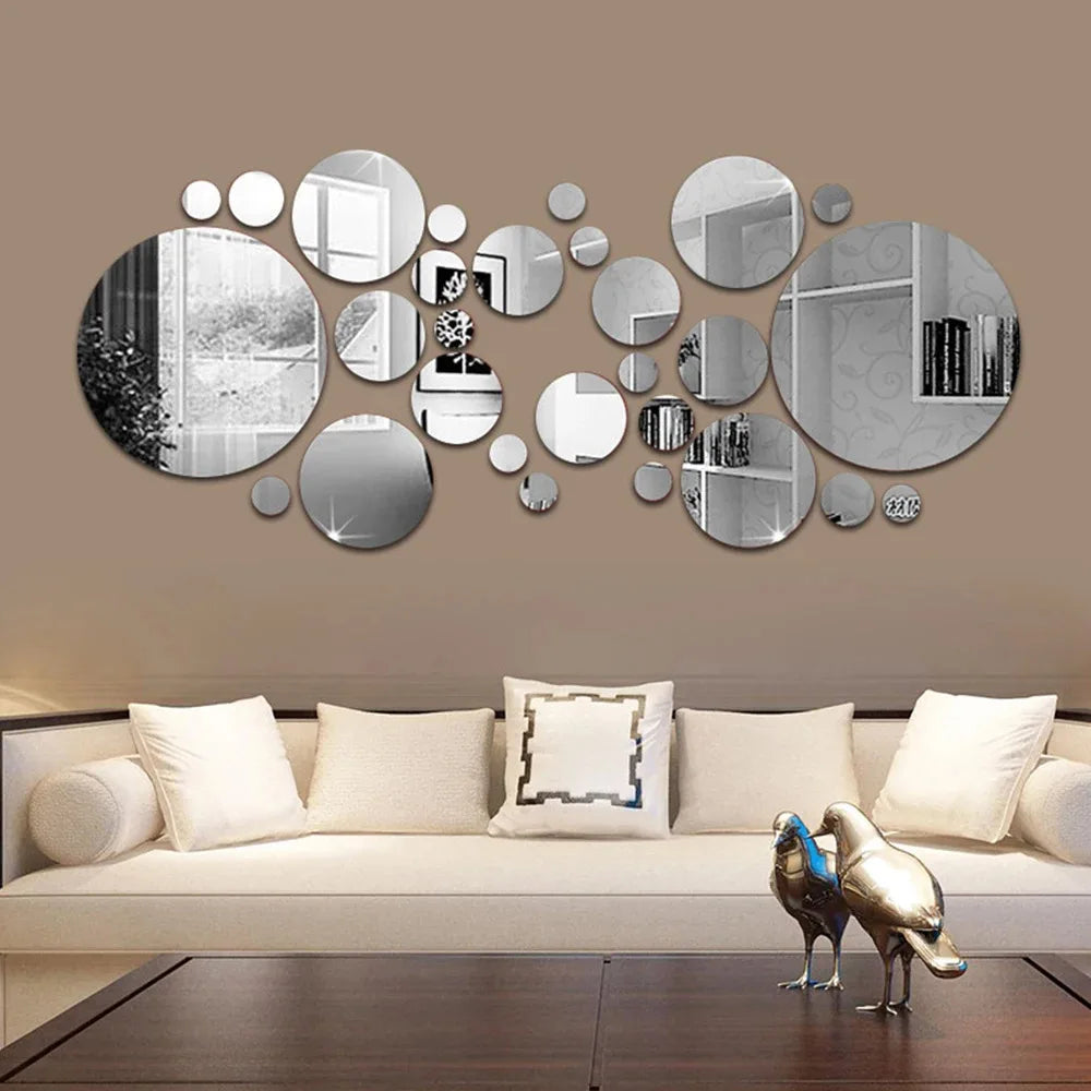 26PCs 3D Acrylic Mirror Wall Stickers Set round Adhesive Reflective Decorative Panel for Living Room Bedroom TV Background Decor