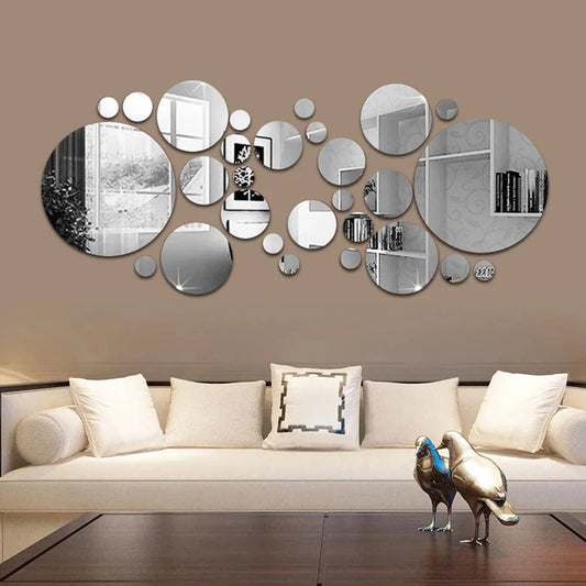26PCs 3D Acrylic Mirror Wall Stickers Set round Adhesive Reflective Decorative Panel for Living Room Bedroom TV Background Decor