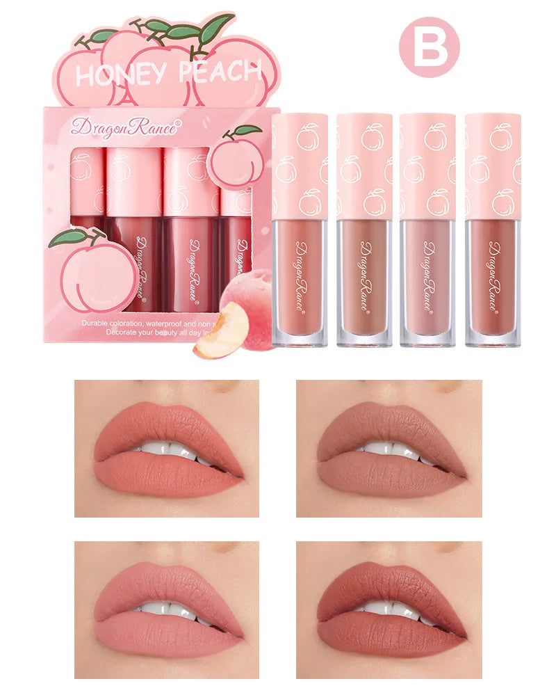 Mini Velvet Matte Lip Gloss Set, 4-Piece Non-Fading, Non-Stick Cup, Long-Lasting Fruit Scented Lip Tint, Smooth and Lightweight