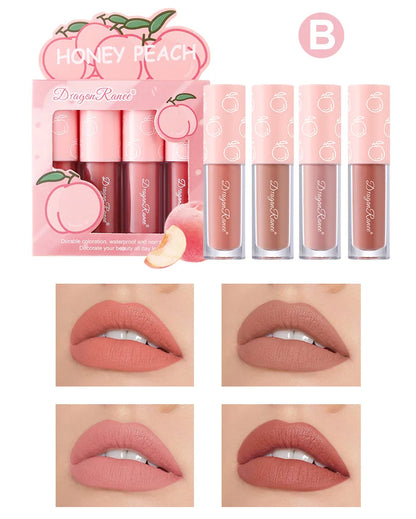 Mini Velvet Matte Lip Gloss Set, 4-Piece Non-Fading, Non-Stick Cup, Long-Lasting Fruit Scented Lip Tint, Smooth and Lightweight