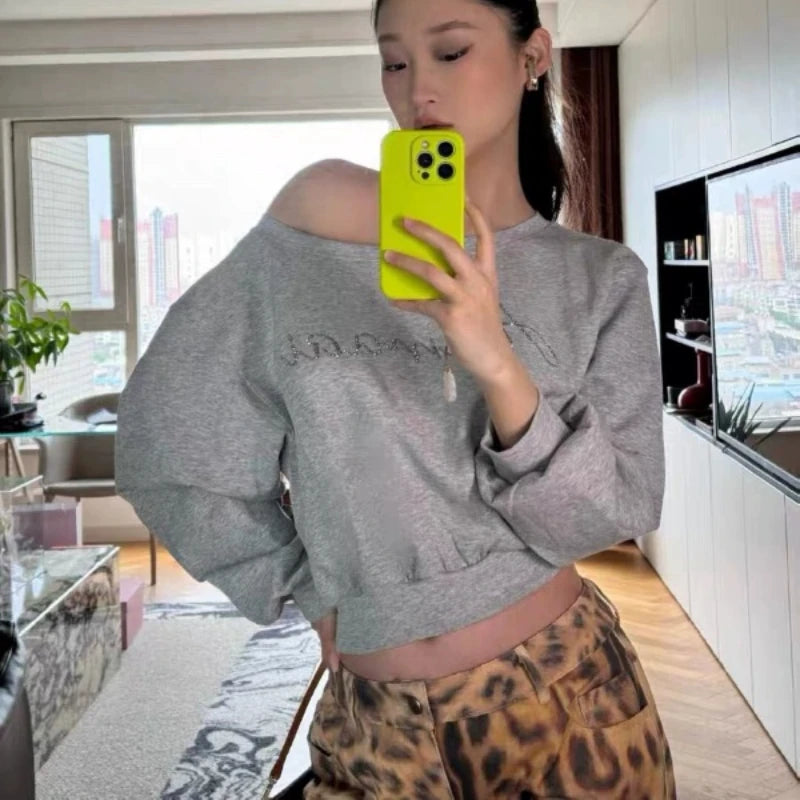 Women Hoodies Autumn Streetwear Off Shoulder Seductive Cropped All-match Sweatshirts Baggy Fashion Print Design Aesthetic Casual