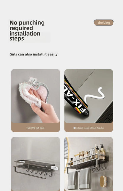 Bathroom storage rack, non perforated washbasin, hand washing and shower area, shower gel wall storage rack