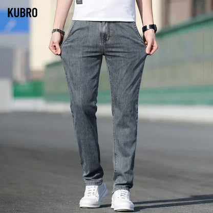 KUBRO 2024 Summer New Men's Loose Stretch Gray Jeans Fashion Casual Stretch Straight-leg Denim Pants Male Light Blue Brand