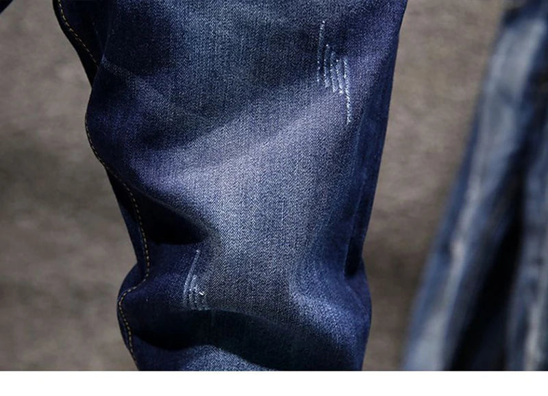 American Elastic Straight Jeans Men Ripped Worn-out Slim-fit Cotton Denim Pants Korean Style Fashion Blue Black Men's Clothing