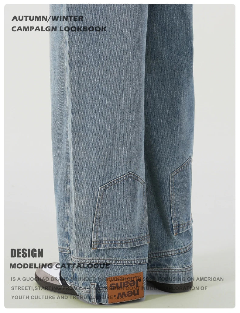 Vintage American Retro Reverse Side Turned Denim Jeans Men Women Couple Straight Wide Leg Baggy Drag Pants Trendy