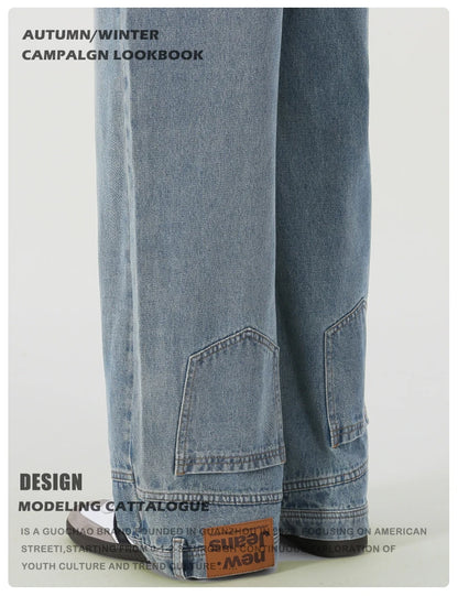 Vintage American Retro Reverse Side Turned Denim Jeans Men Women Couple Straight Wide Leg Baggy Drag Pants Trendy