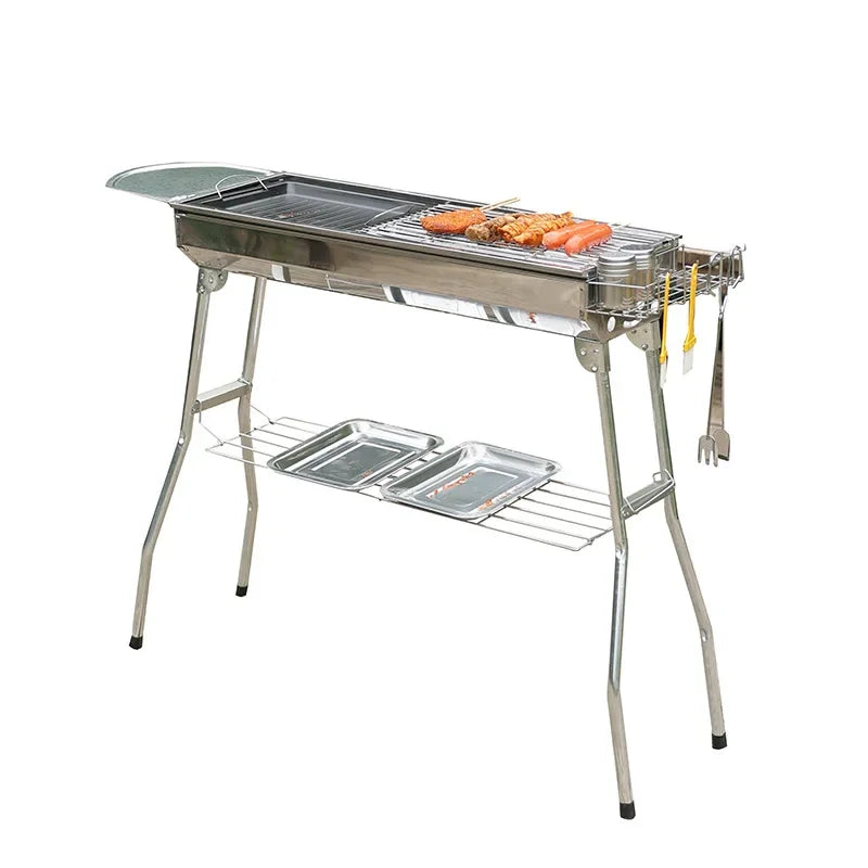 Outdoor Stainless Steel Charcoal Grill Large Size Barbecue Tool Portable Free Installation Handle Folding BBQ Cooking