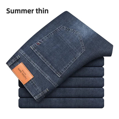 2024 Brand Thin or Thick Material Men's Elastic Cotton Jeans Fashion Gray Comfortable Denim Business Casual High Waist Pants