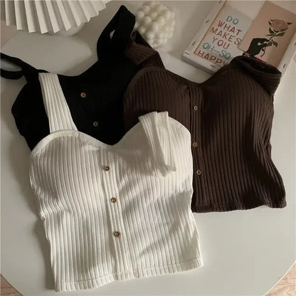 2025 Women's Y2K Cropped Tops with Bra Pads Summer Corset Korean Suspenders Vest Sexy Camisole Slim New