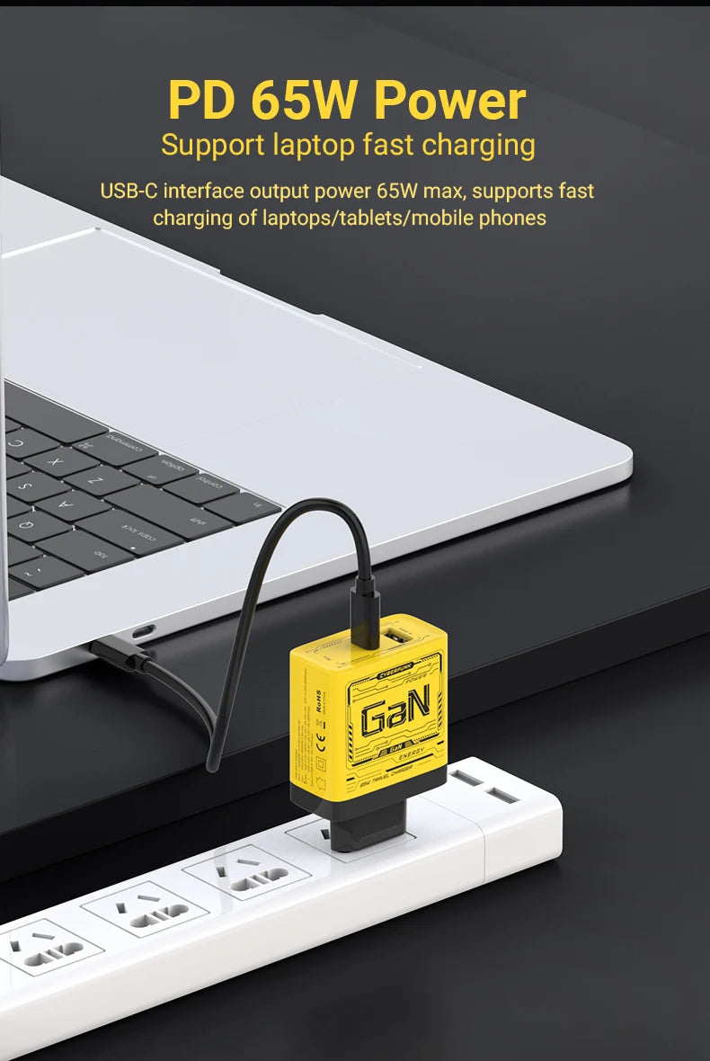 EU/US Plug PD65W GaN Fast Charger with Type-C and USB-A Interface Universal Dual Port Wall Charger Plug for Phones/Pads/Laptops