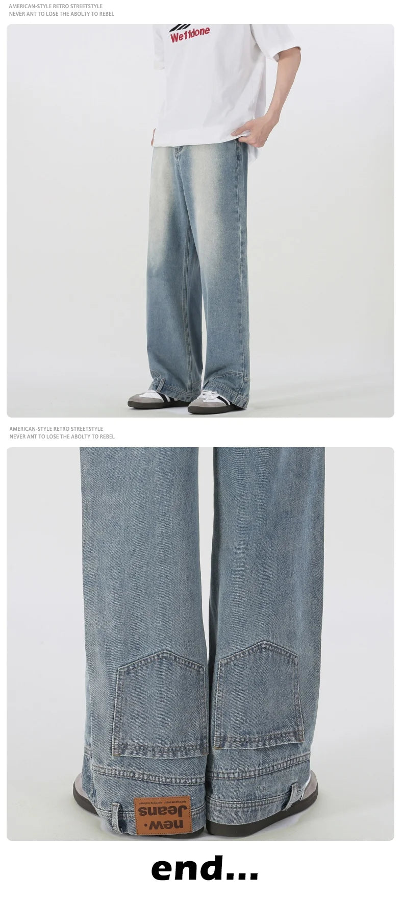 Vintage American Retro Reverse Side Turned Denim Jeans Men Women Couple Straight Wide Leg Baggy Drag Pants Trendy