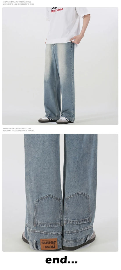 Vintage American Retro Reverse Side Turned Denim Jeans Men Women Couple Straight Wide Leg Baggy Drag Pants Trendy