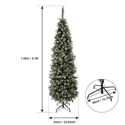 6.5/7.5 Ft Pre-Decorated Pencil Christmas Tree Pre-Lit Holiday Tree with Clear Lights Collapsible for Easy Storage Pinecones 699