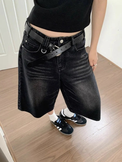 Harajuku Vintage High Waist Black Retro Washed Denim Shorts Women's Fashion Casual Loose Fit Y2K Streetwear Mid Long Short