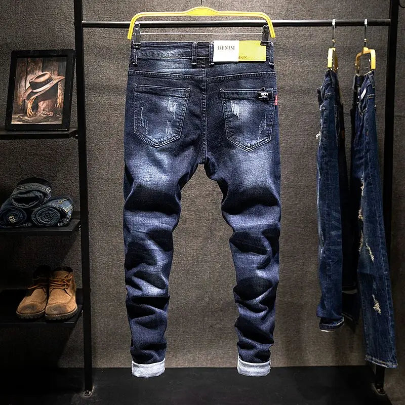 American Elastic Straight Jeans Men Ripped Worn-out Slim-fit Cotton Denim Pants Korean Style Fashion Blue Black Men's Clothing