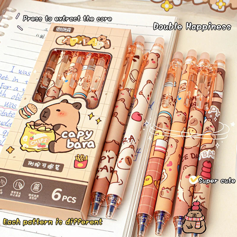 Cute Capybara Gel Pens - 6Pcs Kawaii Quick-Drying Blue Erasable Pen Set for Office, School & Aesthetic Stationery