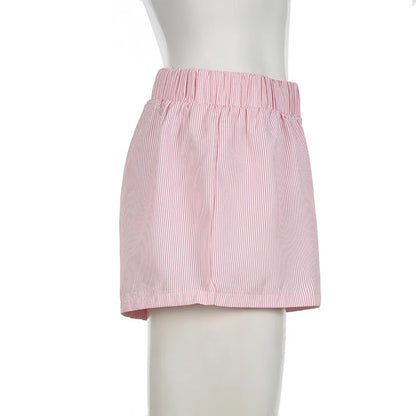 Striped Print Casual Shorts for Women Elastic Waist Fashion Button Bottoms Streetwear Chic Basic Y2K Loose Shorts