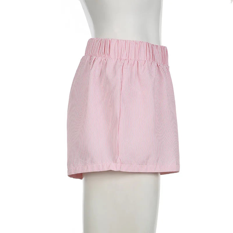 Women's Striped Print Casual Elastic Waist Shorts Y2K Loose Fit Summer Streetwear Chic Basic Fashion Button Detail