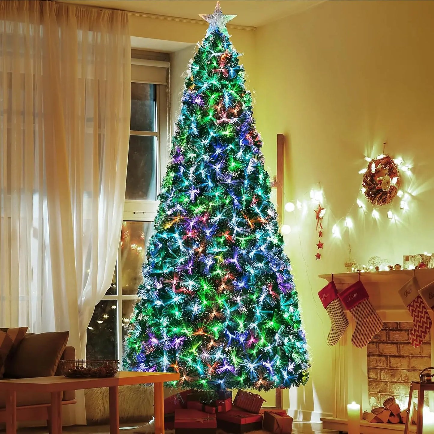 6-8-9-10ft Fiber Optic Christmas Tree, Pre-Lit Artificial Xmas Tree with Multicolor Changing Light, Top Star,Foldable Metal Base
