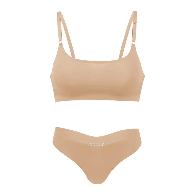 Hot Sale High Quality Latest Design Us Size Stylish Solid Ice Silk Seamless Wireless Bras And Women Underwear Set