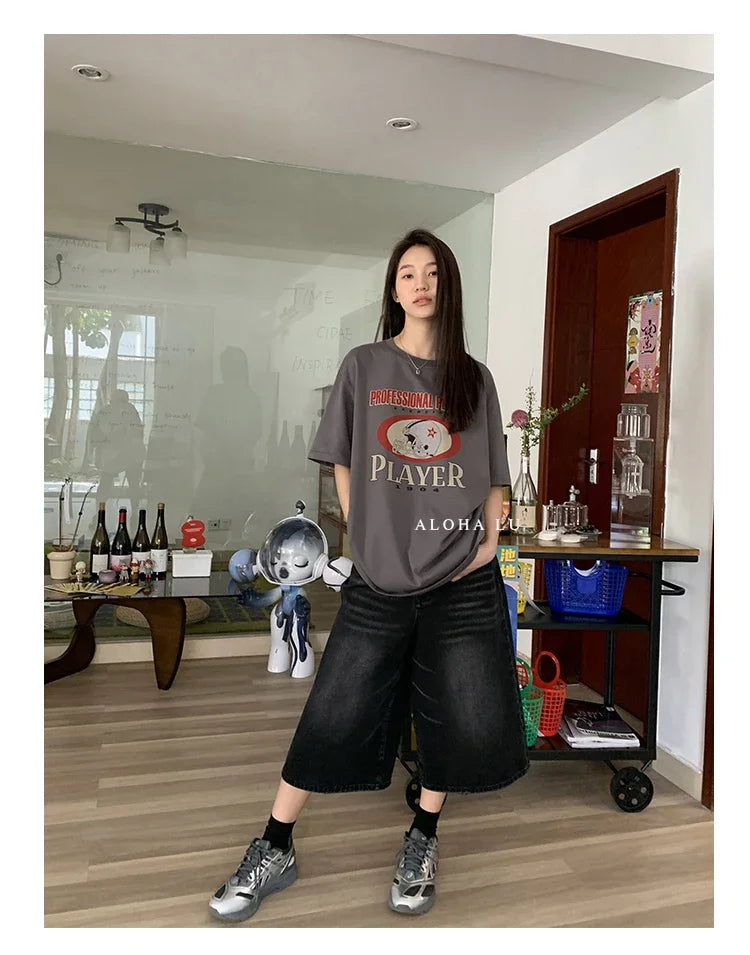 Harajuku Vintage High Waist Black Retro Washed Denim Shorts Women's Fashion Casual Loose Fit Y2K Streetwear Mid Long Short