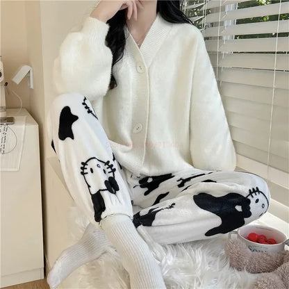 2024 Sanrio Hello Kitty Pajamas Halloween Flannel Fashion Trouserswomen Kawaii Woolen Anime Cartoon Casual Home Pants Autumn