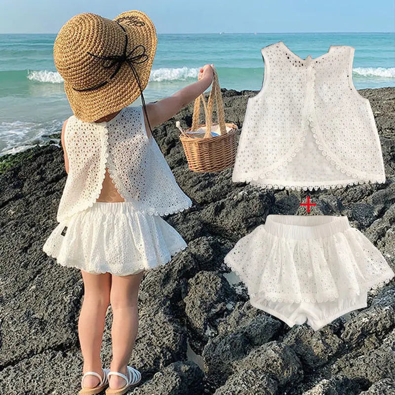 Korean Children's Clothing 2025 Summer Outfits Baby Sweet Hollow Cotton Halter Vest+Denims Shorts Kids Girls Casual Clothes Sets
