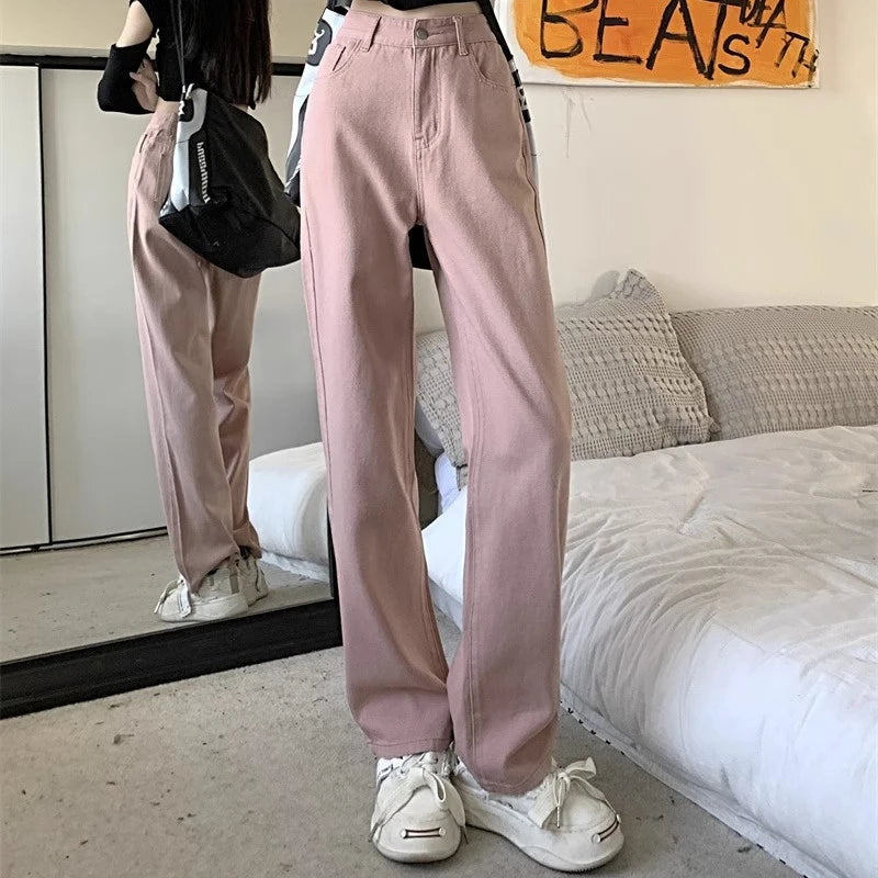 Woman Vintage Wide Leg Jeans Girls High Waist Pants Female Fashion Black Black Grey Retro Blue Light Blue Pink Denim Trousers