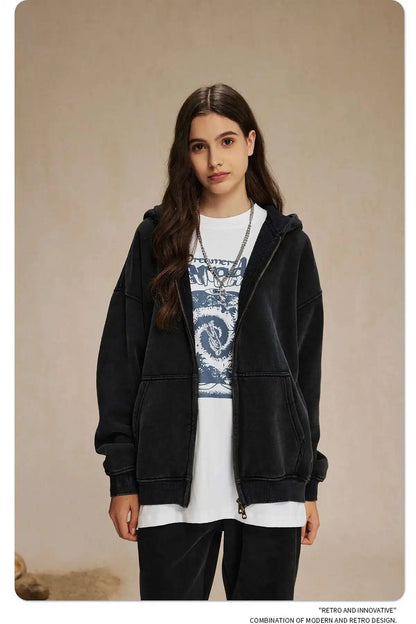 IEFB Men's Wear Wax Printing Vintage Male Hoodies Oversized Loose Zipper Water Washed Plush Sweatshirt Trendy New 9C9349