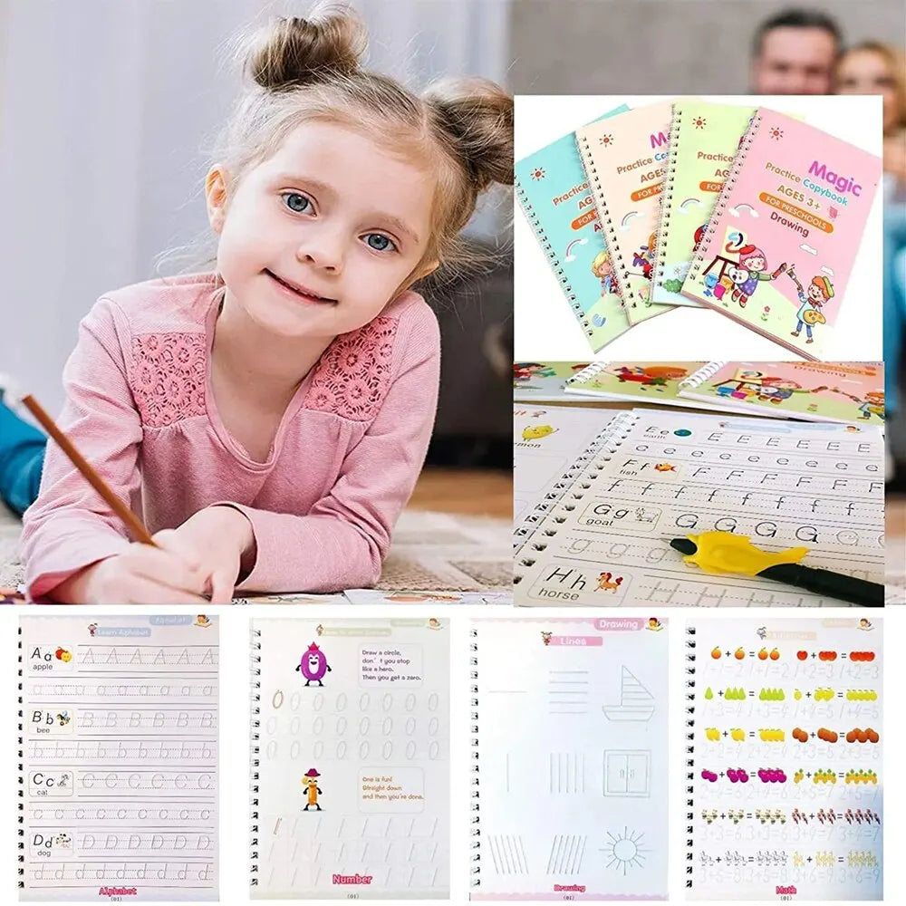 4 Books Pen Magic Writing Book Calligraphy Notebook Montessori Kids Reusable Educational Calligraphic Letter Practice Toy