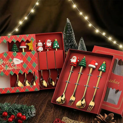 Christmas Themed Cutlery Set Stainless Steel Creative Cartoon Knife Fork Spoon 2/4/6pcs Set Holiday Gift Cutlery Decoration