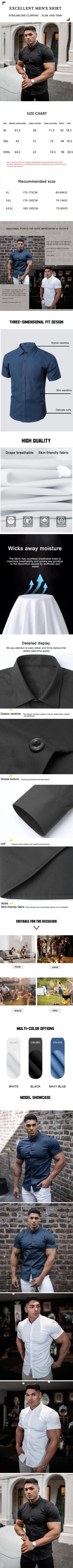 Solid Color Shirt New Summer Men's No-Ironing Shows Figure Casual Stylish Suit Short XL-XXXL Black White Navy Blue