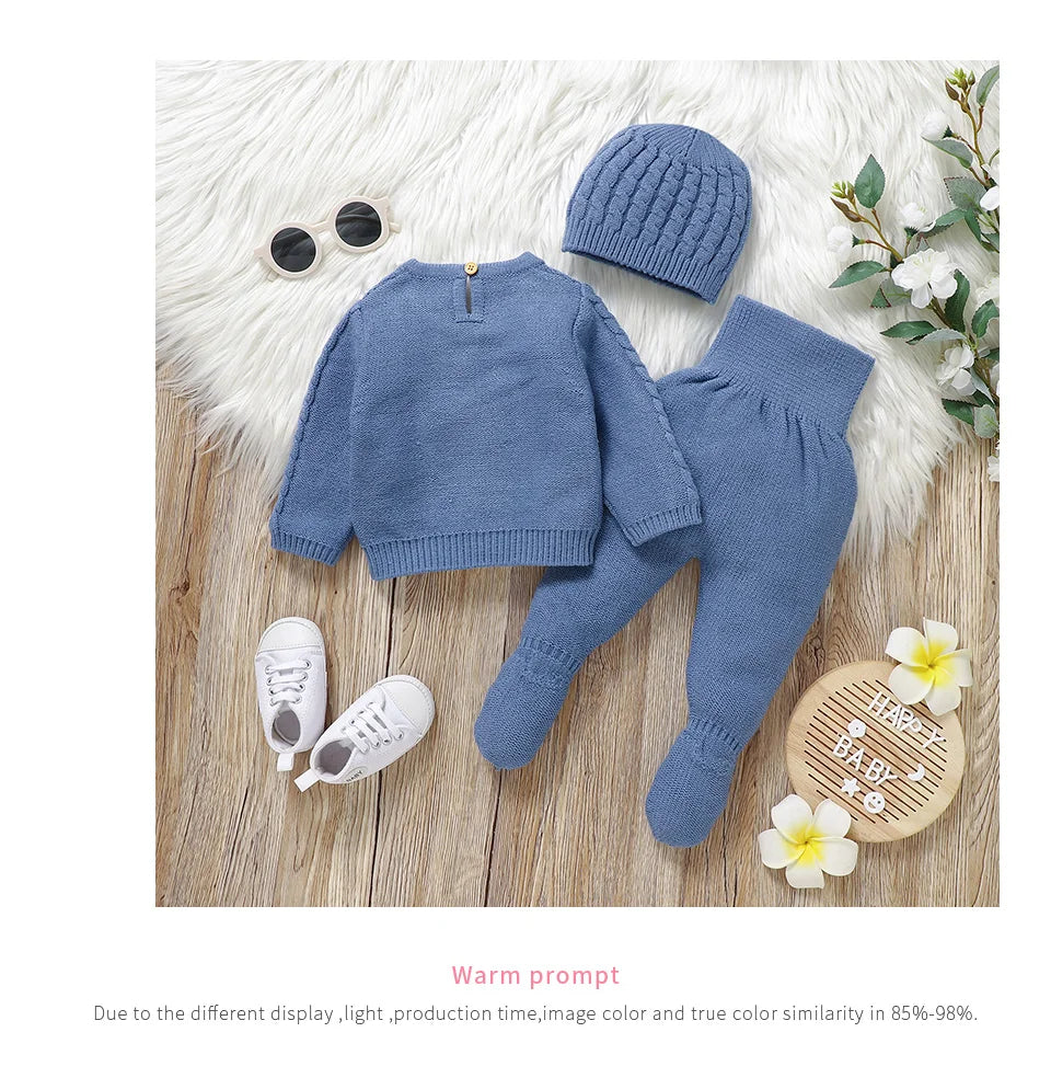 Kids Clothes Set 0-9M Autumn Winter Blue Casual Outerwear Newborn Infant Boys Long Sleeve Sweaters Pullovers+Pants Toddler Suits