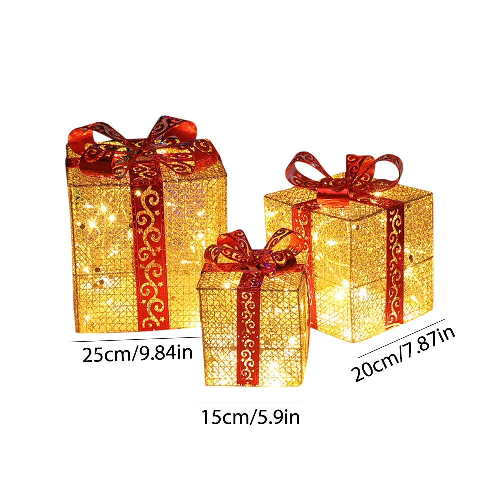 Christmas Foldable Lighted Metal Boxes 25/20/15CM Set of 3 Battery Operated for Outdoor Indoor Christmas Tree/Yard/Home Decor