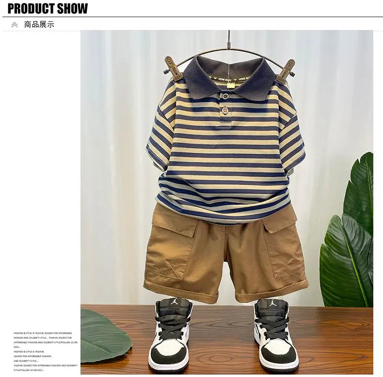 Korean Children's Clothes 2025 Summer Kids Clothes Boys Outfits Baby Thin Short Sleeves Stripe Polo Shirt +Shorts Two Pieces Set