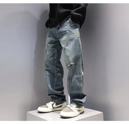 New Men's Ripped Jeans Baggy Straight Fashion Vintage Blue Denim Pants Personality Streetwear Hip Hop High Quality Male Trousers