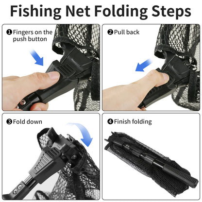 Fishing Landing Net Aluminum Alloy Durable Telescoping Extend to 190cm/130cm/55cm Folding Mesh Safe Fish Catching Releasing