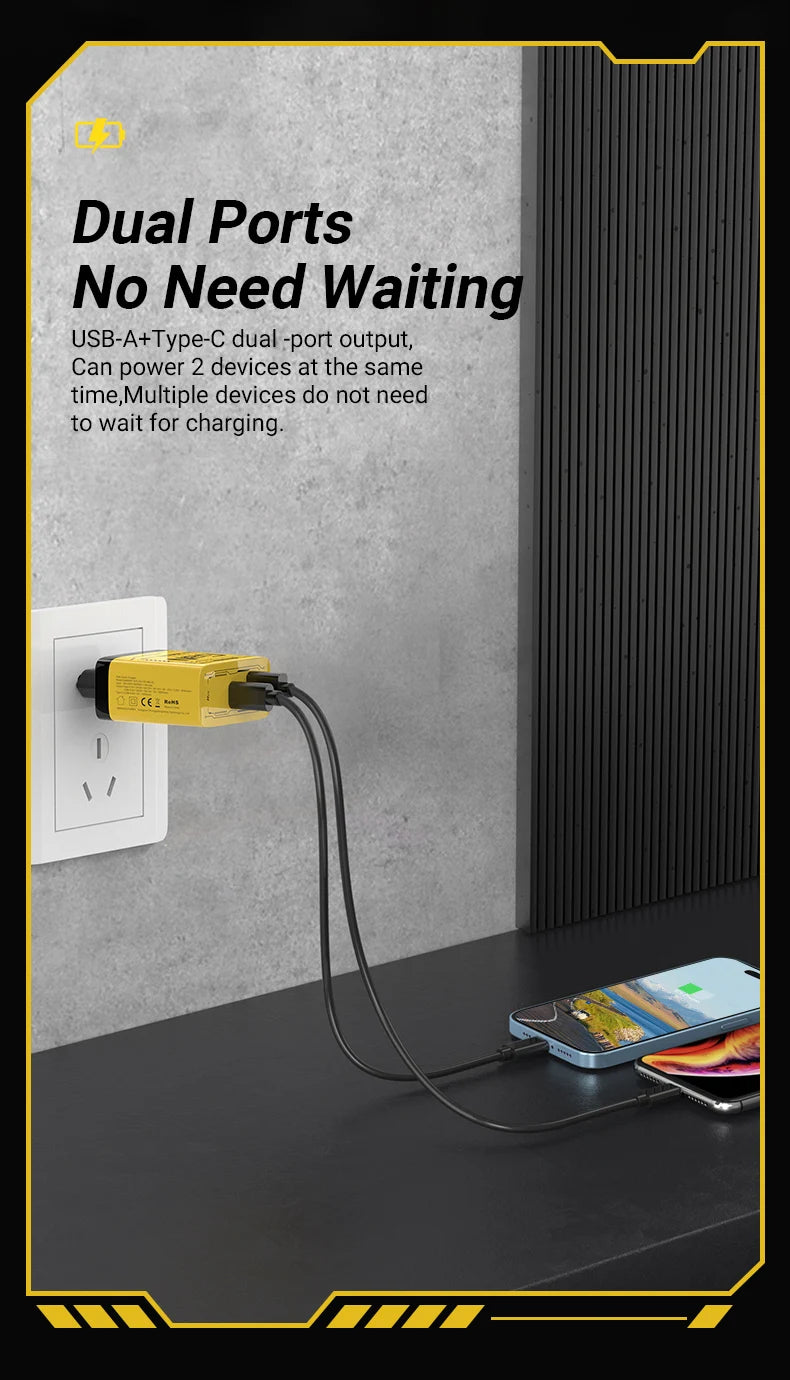EU/US Plug PD65W GaN Fast Charger with Type-C and USB-A Interface Universal Dual Port Wall Charger Plug for Phones/Pads/Laptops