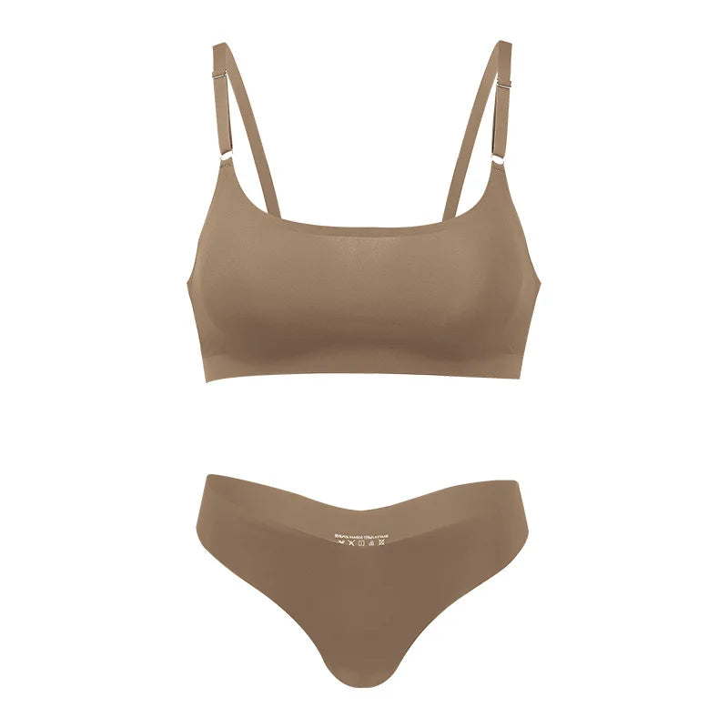 Hot Sale High Quality Latest Design Us Size Stylish Solid Ice Silk Seamless Wireless Bras And Women Underwear Set