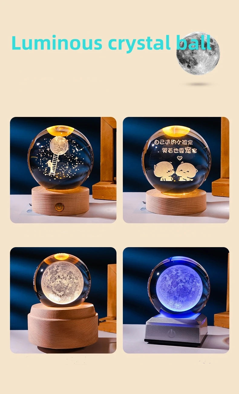 Small 3D Solar System Crystal Ball With LED Base, Night Light For Home Decoration, Gift For Astronomy Lovers