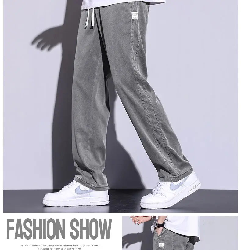 Summer soft Lyocell fabric men's jeans loose straight leg pants drawstring elastic waist Korean casual pants plus size M-5XL